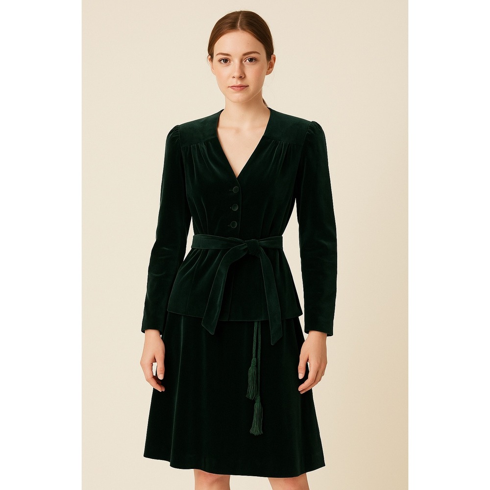 Rag o Muffins Skirt Suit Set Womens Size 9 Green Velvet Belted Formal Blazer 70s